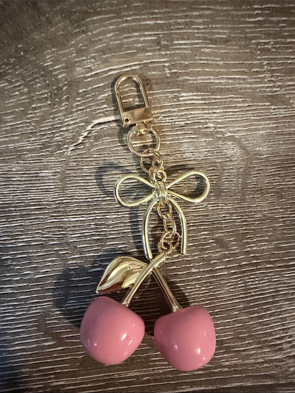 Gold Bow and Pink Cherry Bag Charm Keychain New Hangs 4.25” - Picture 2 of 4